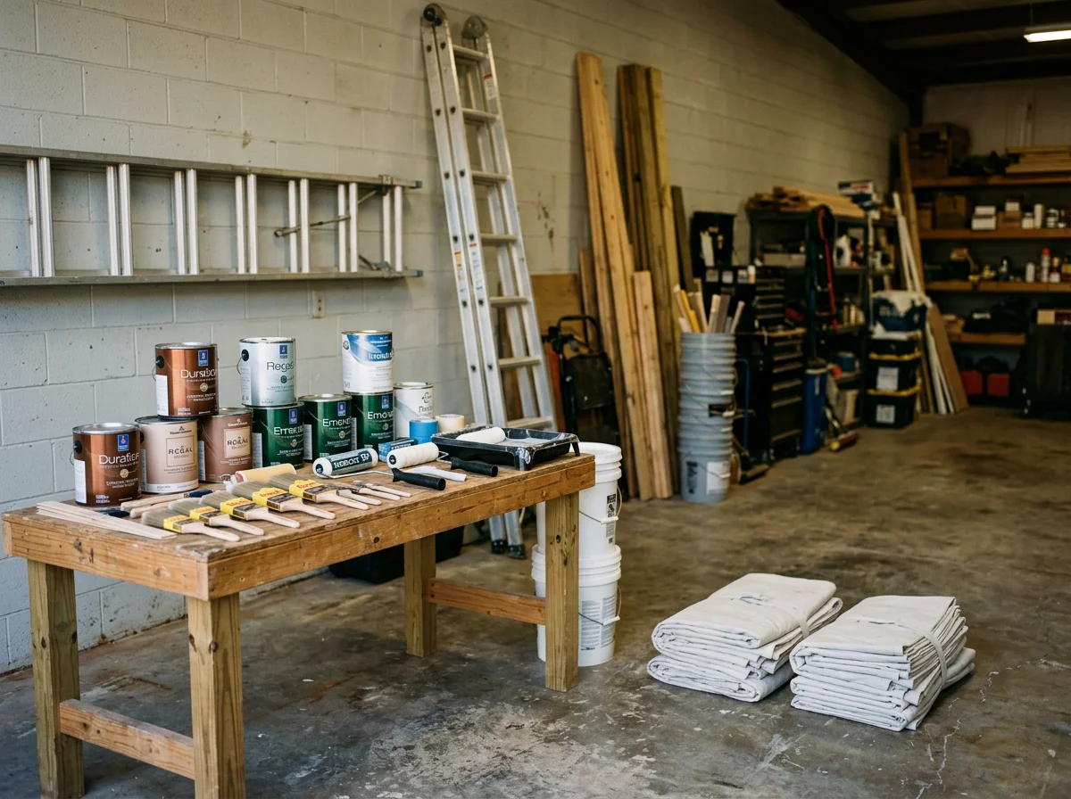 Professional painting crew with brushes, rollers, and equipment ready for interior and exterior projects.