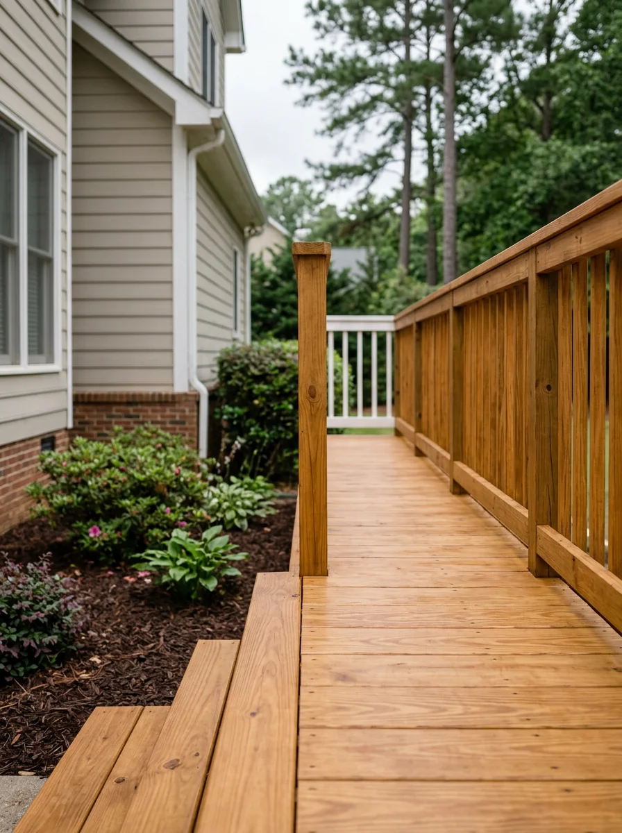 A freshly stained wood deck on a 2000s-era home in an Acworth, GA subdivision, with clean even stain coverage on the deck boards and railing posts.