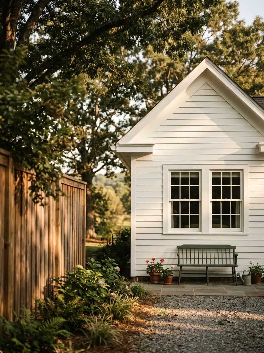 A freshly painted exterior of a farmhouse-style home in Canton, Georgia, with clean white trim and a stained wood privacy fence along the side yard.