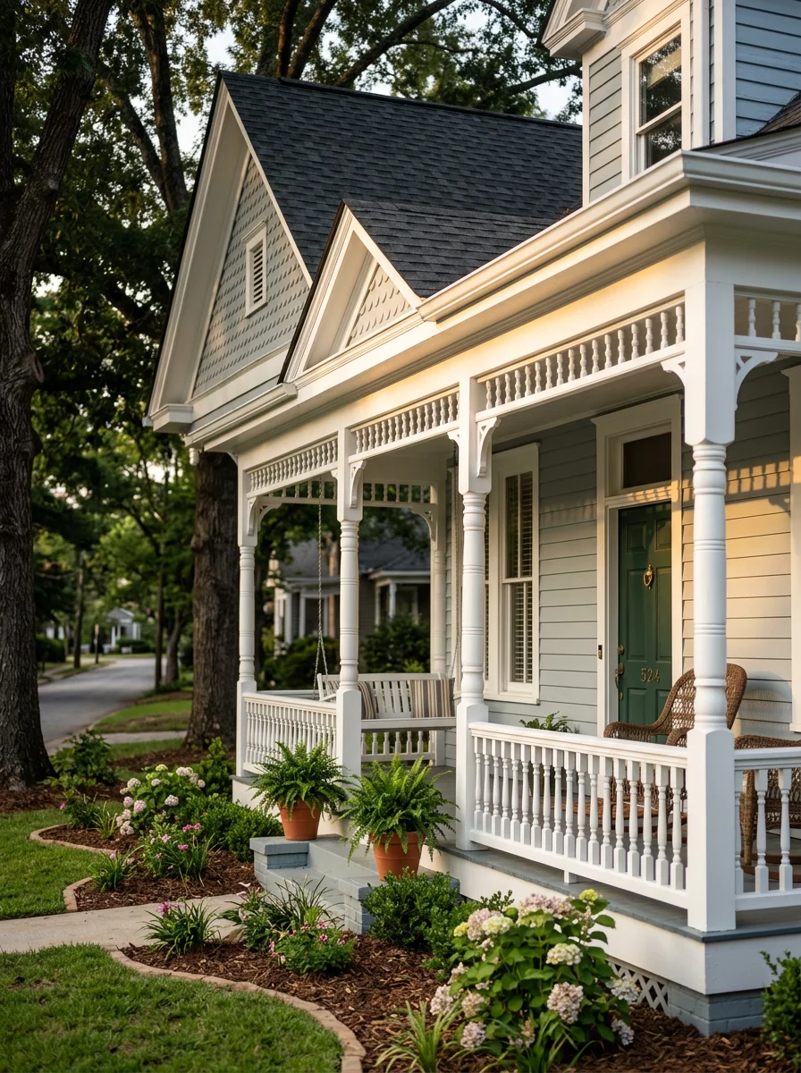 A freshly painted exterior of an early 1900s home near the Holly Springs, Georgia town center, with clean white trim and a covered front porch.