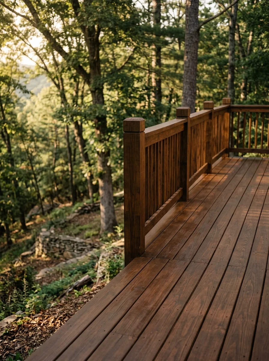 A freshly stained wood deck on a residential property in Jasper, GA, with even stain coverage on the deck boards and railing posts, surrounded by mature trees on a sloped mountain lot.