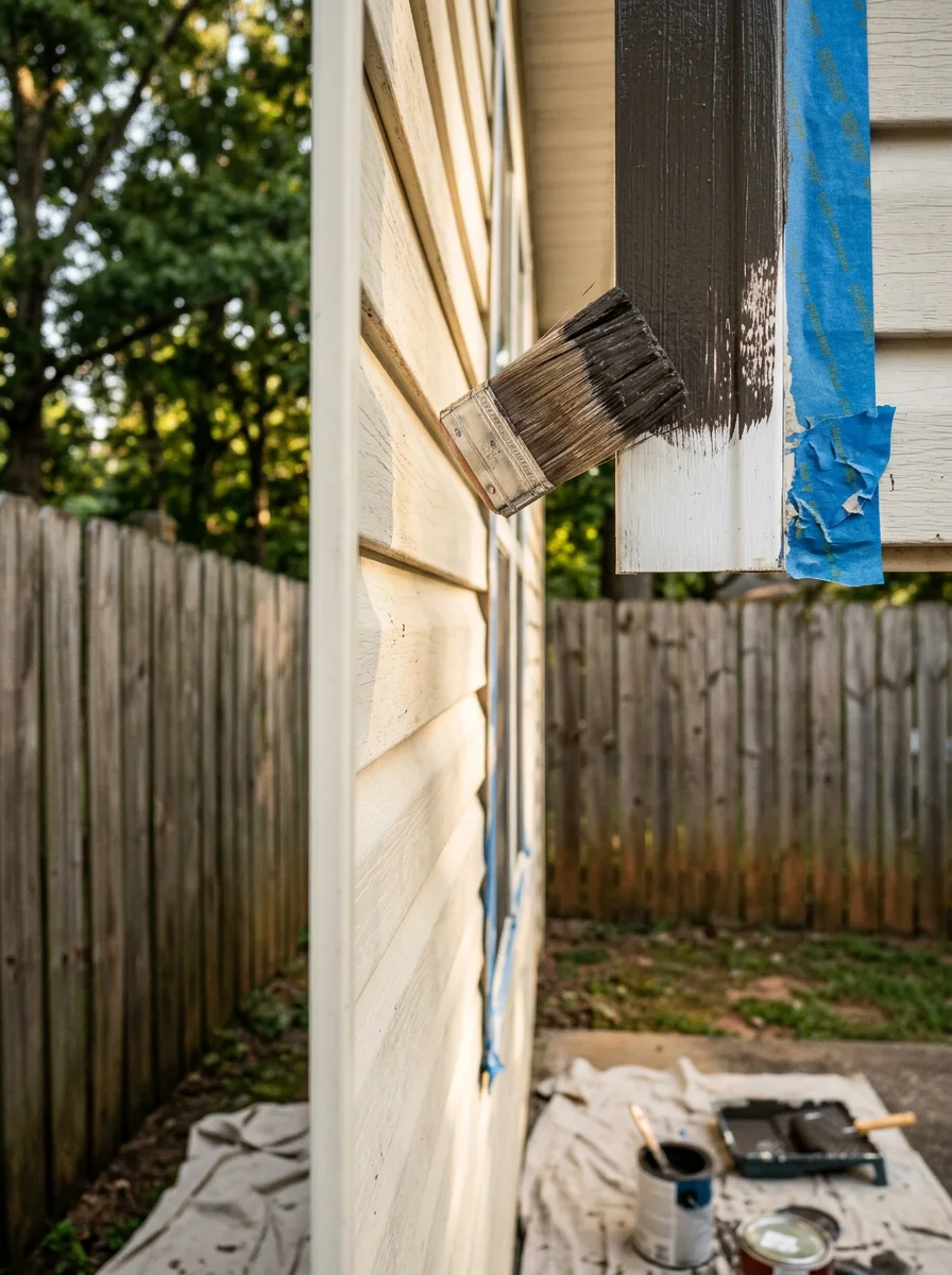 Close-up of a painter applying exterior paint to the trim and siding of a 1990s home in Kennesaw, Georgia, with a wood privacy fence visible in the background.