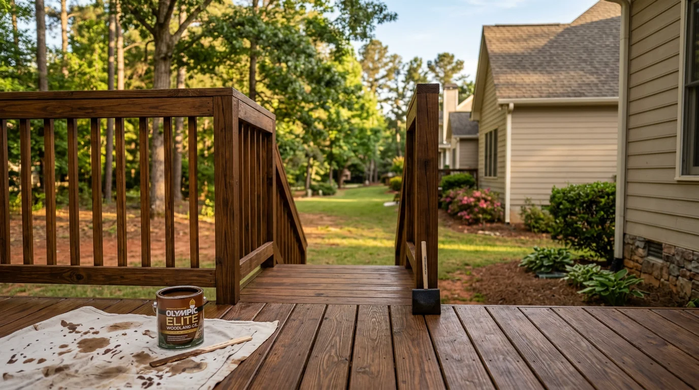 A freshly stained wood deck on a single-family home in a Kennesaw, GA subdivision, with clean railing posts and even stain coverage on the deck boards.