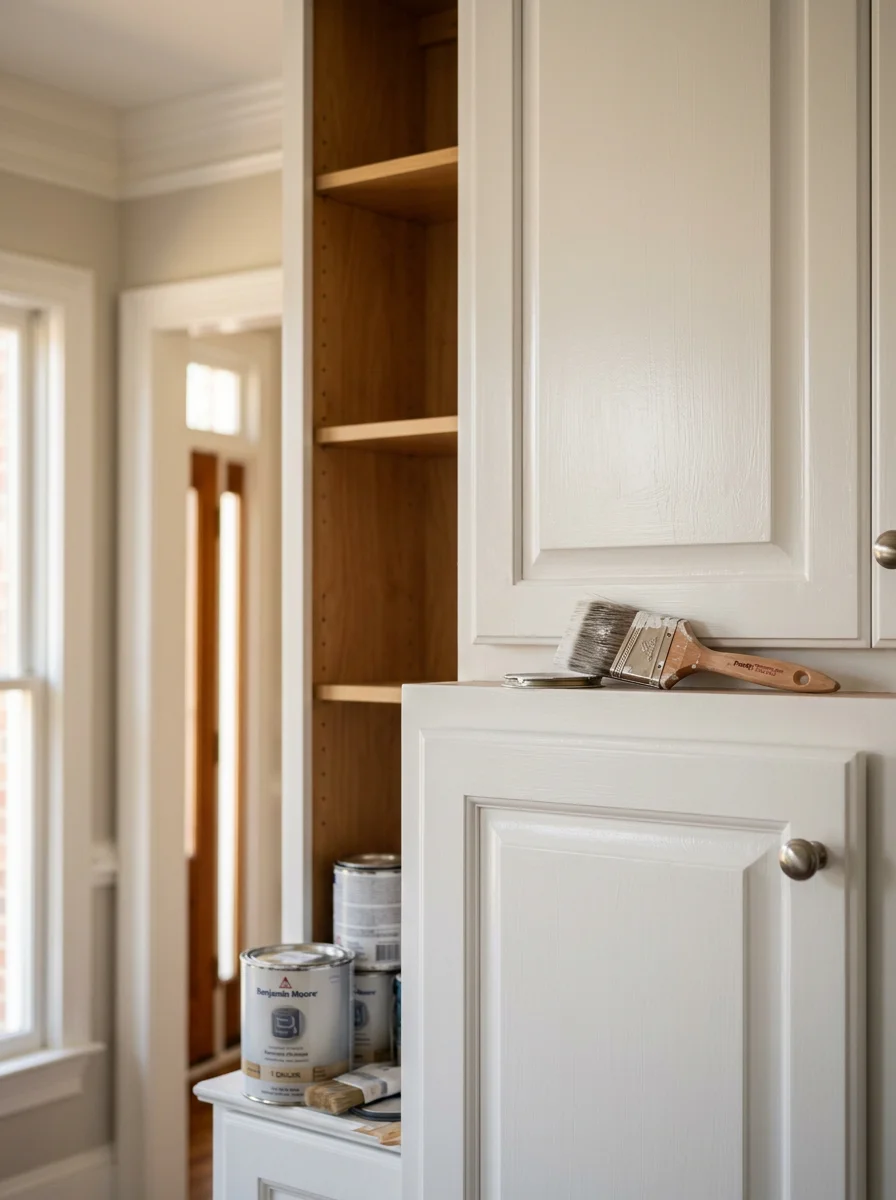 Freshly painted white kitchen cabinets in a Marietta, Georgia home, with clean brush lines on the door frames and a smooth, even finish on the cabinet faces.