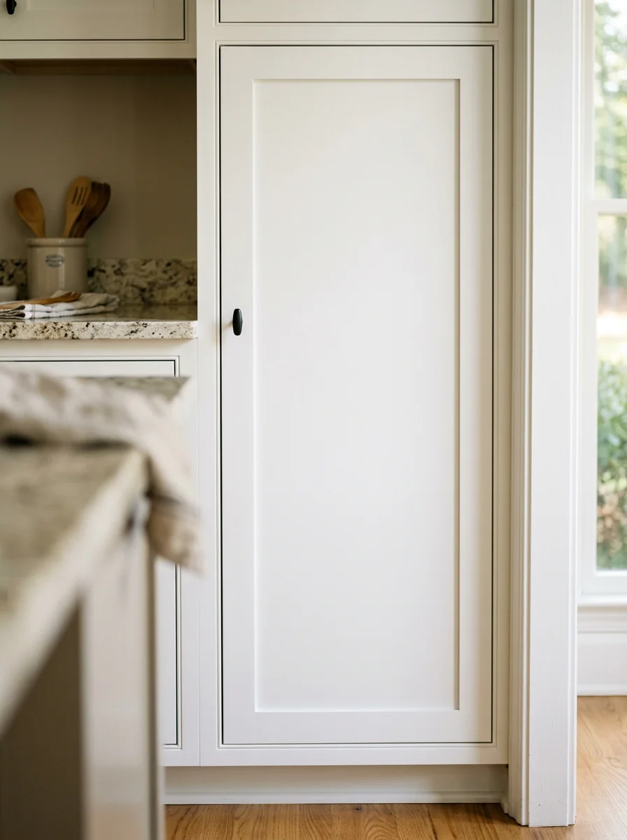 Freshly painted kitchen cabinets in a Roswell, Georgia home, with a smooth white finish on the cabinet doors and clean lines on the trim and frame.