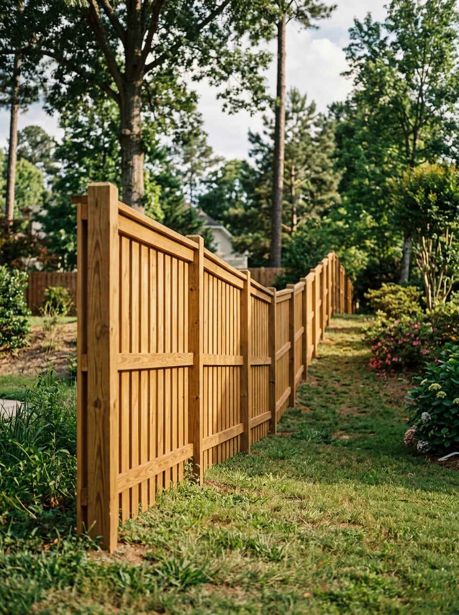 A freshly stained wood privacy fence running along a sloped property line in a Woodstock, Georgia subdivision, with even stain coverage from top rail to bottom board.