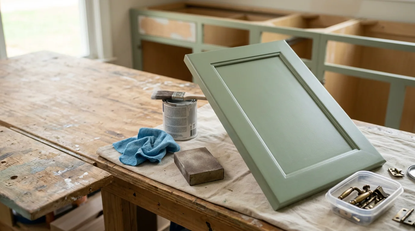 Freshly painted white kitchen cabinets in a Kennesaw, GA home with clean brush-free finish on shaker-style doors and drawer fronts. A Paintastic Pros LLC painter inspects the primed cabinet frames before applying the finish coat.