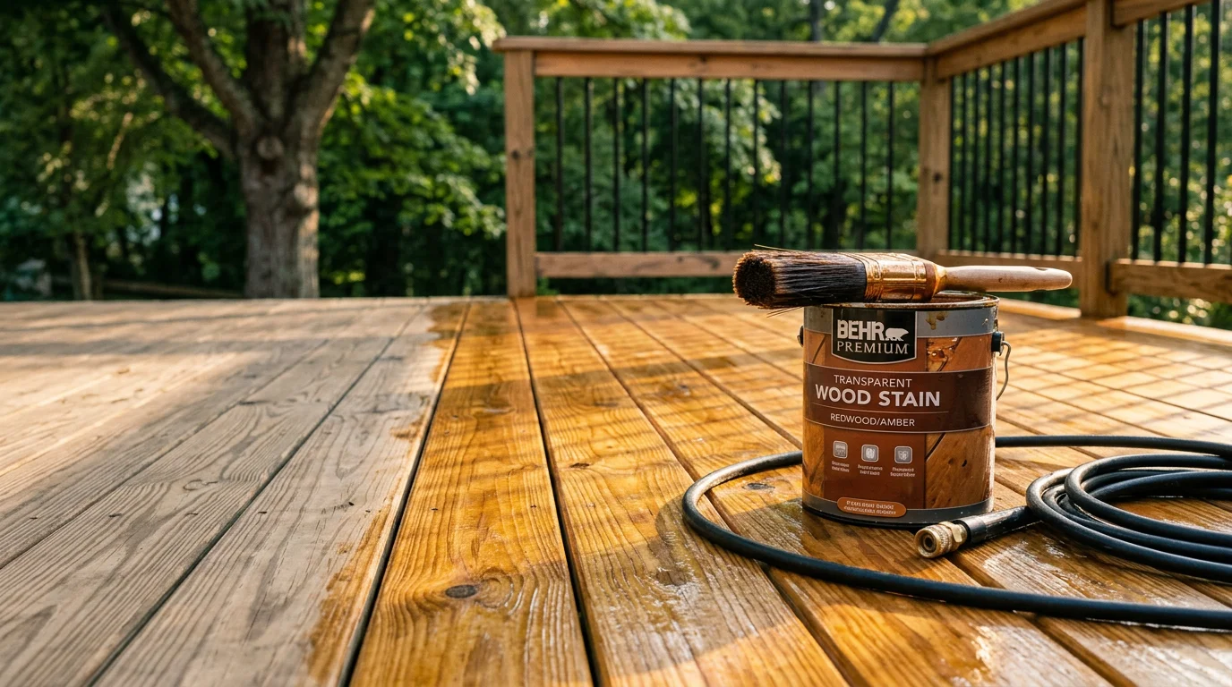 A freshly stained wood deck on a residential home in Kennesaw, GA, showing even coverage and visible wood grain after professional prep and application. The deck overlooks a backyard typical of Cherokee County neighborhoods, with green tree coverage in the background.