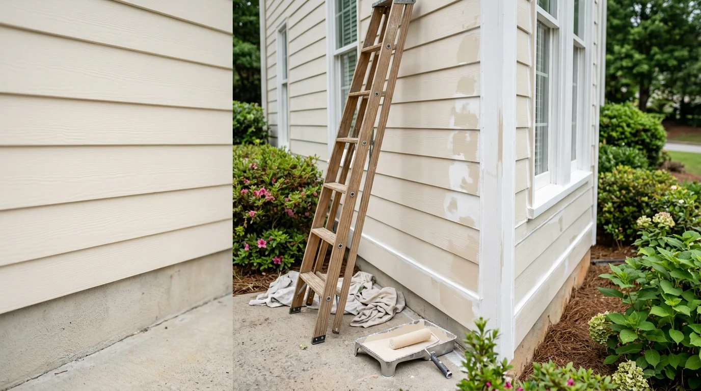 A freshly painted two-story home exterior in Kennesaw, GA, showing clean white siding and dark trim with no peeling or fading. A Paintastic Pros LLC painter applies a final coat to the fascia board on a clear Georgia afternoon.