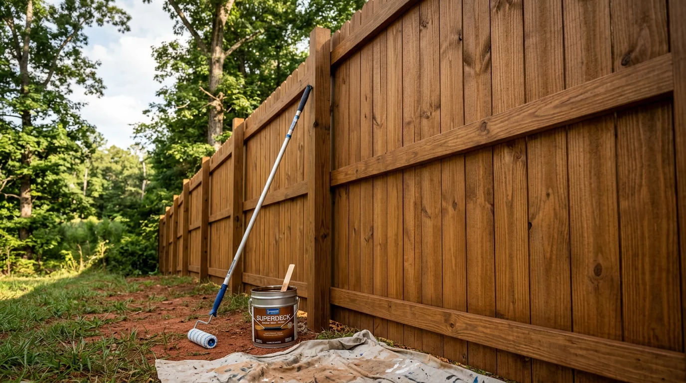 A freshly stained wood privacy fence in a Kennesaw, GA backyard, showing even finish and natural wood grain. A Paintastic Pros LLC painter applies stain to fence boards on a clear day in the greater Kennesaw area.