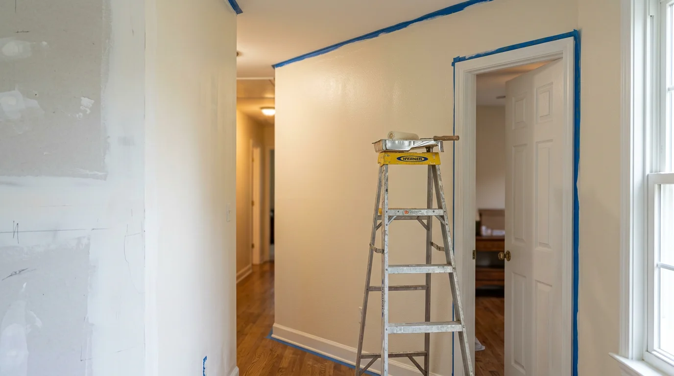 A freshly painted interior living room in a Kennesaw GA single-family home, with clean white trim, smooth walls in a warm neutral tone, and natural light coming through the windows.