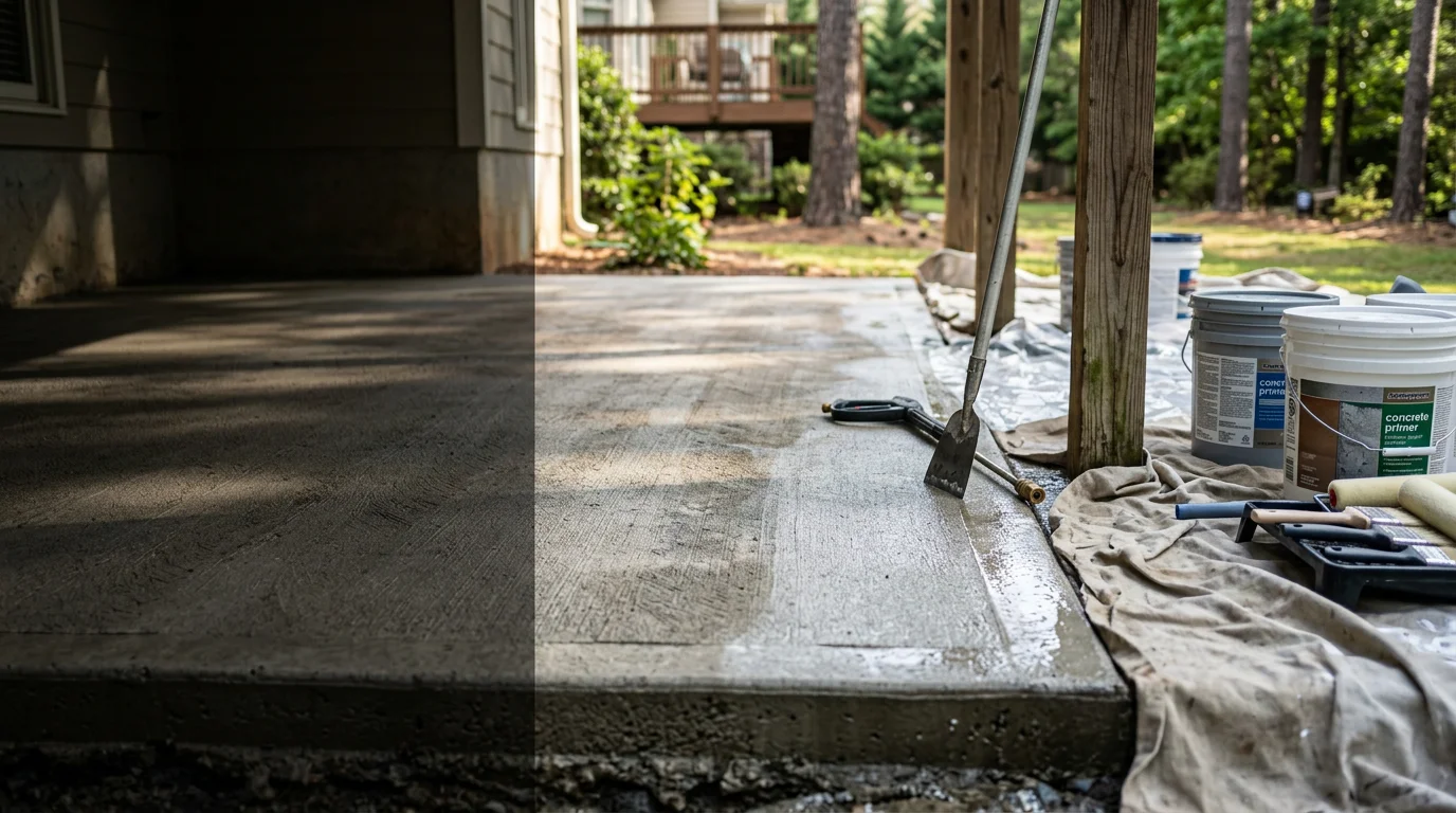 A freshly painted concrete patio on a residential home in Kennesaw, GA, showing an even, clean coat with no peeling or discoloration. The painted surface is dry and ready for outdoor furniture in a typical Georgia backyard setting.
