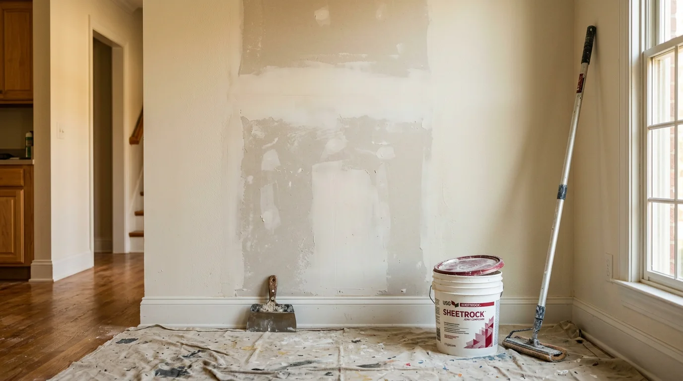 A freshly patched and sanded sheet rock wall in a Kennesaw, GA home, showing a smooth surface ready for paint. The repaired area blends evenly with the surrounding wall texture.