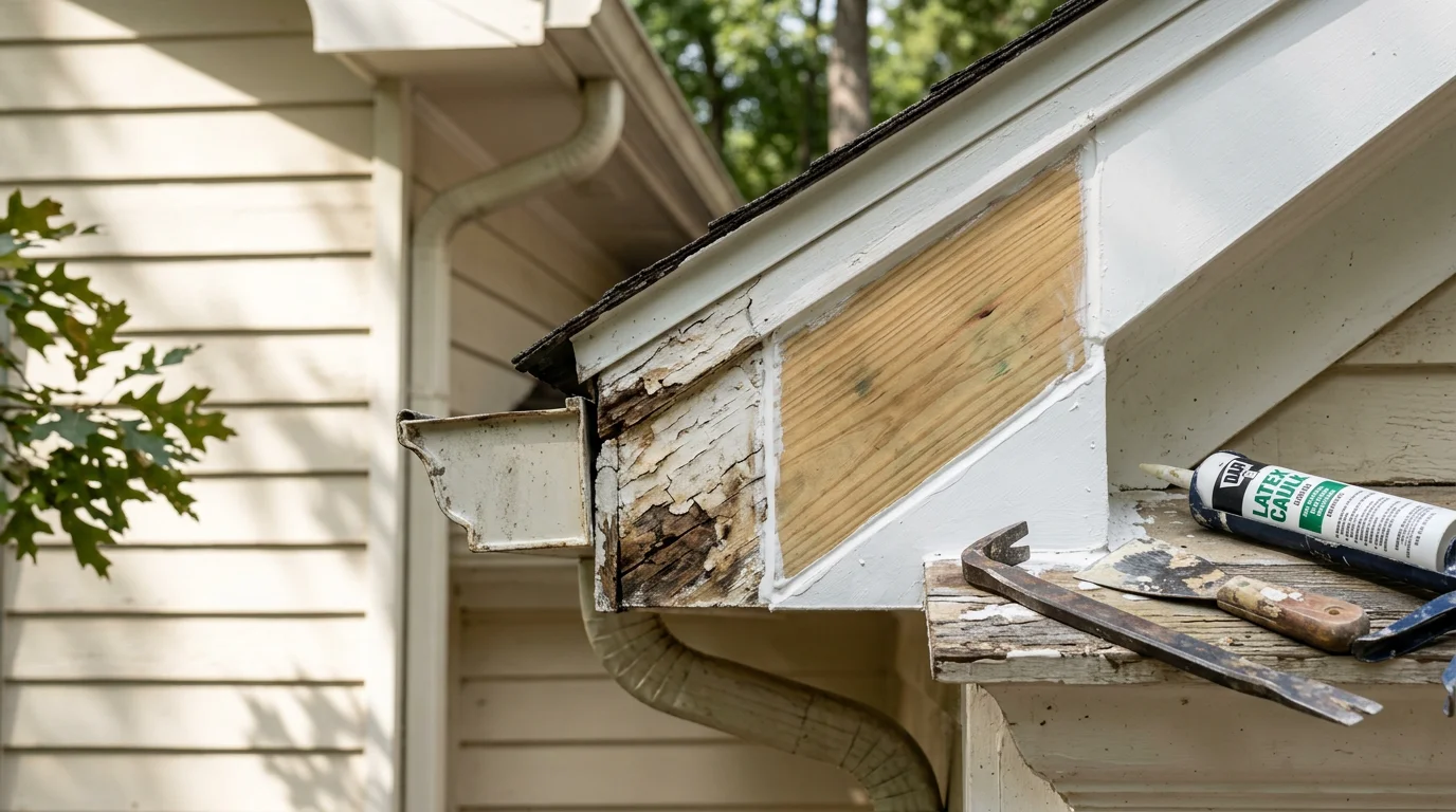 Close-up of a Kennesaw GA home exterior showing repaired and freshly painted fascia board and window trim after wood rot removal. The finished wood surface is smooth, primed, and color-matched to the surrounding exterior.